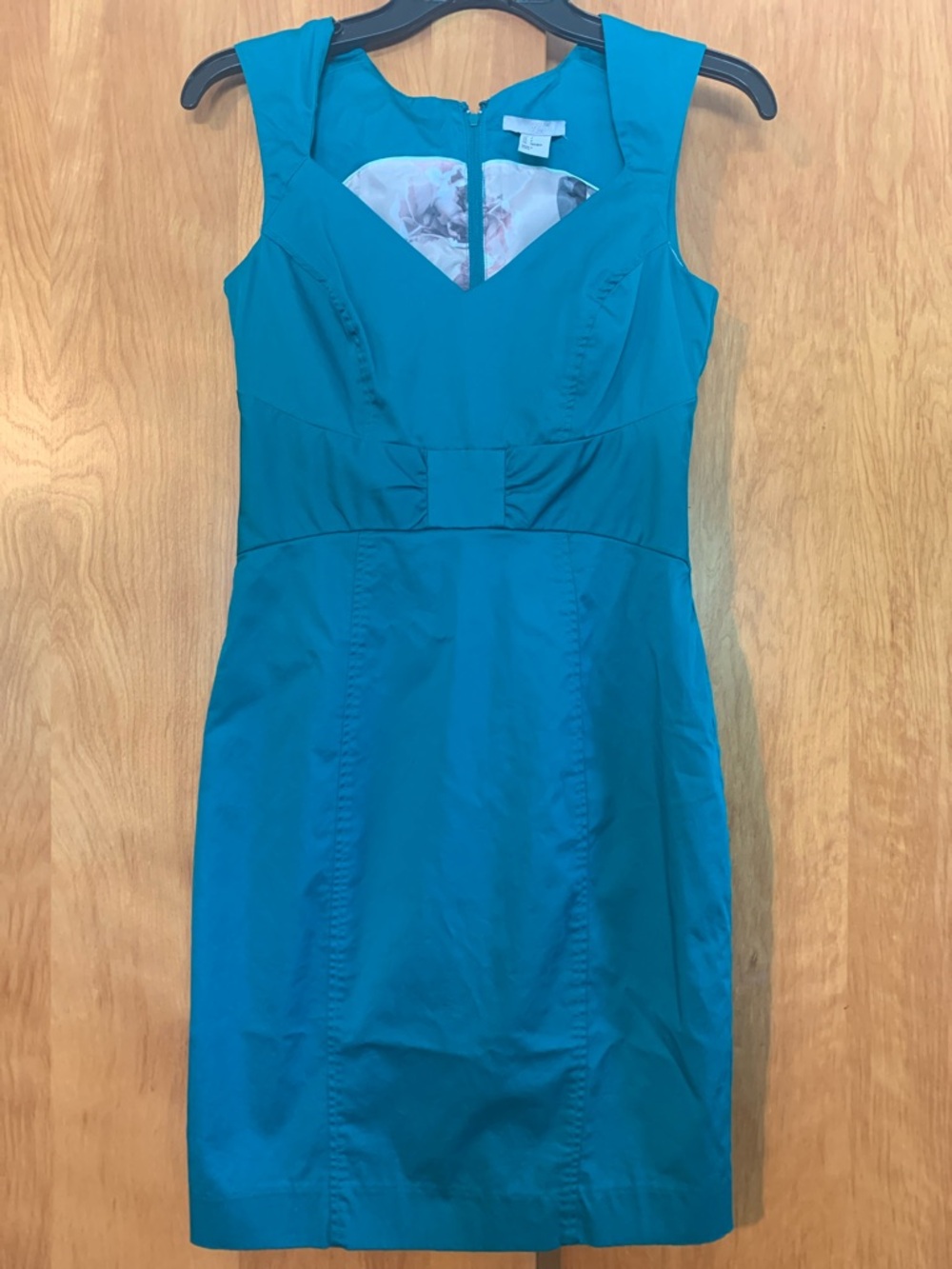 H&M Teal Fitted Sweetheart Sheath Dress with Floral lining & gathered waist sz4